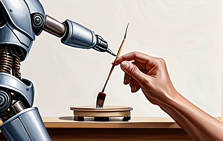 **Prompt:** AI art copyright, a digital painting showcasing a robot hand holding a paintbrush alongside a human hand, both reaching towards a canvas. Juridical scales in the background, reflecting the legal uncertainty.