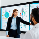 A diverse group of professional individuals, including a scientist, an artist, and an engineer, fully clothed in modest business attire, are actively collaborating around a large interactive screen in a bright, modern innovation lab. They are brainstorming, with diagrams and abstract concepts visually connecting on the screen. The atmosphere is intellectual and dynamic. Professional photography, high resolution, perfect anatomy, correct proportions, natural pose, well-formed hands, proper finger count, natural body proportions, safe for work, appropriate content, fully clothed, professional.